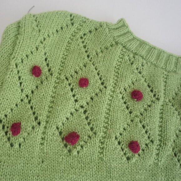 Vintage Hand Knit Lime Green Argyle Crochet PomPom Scoop Neck Sweater Small - Picture 9 of 11